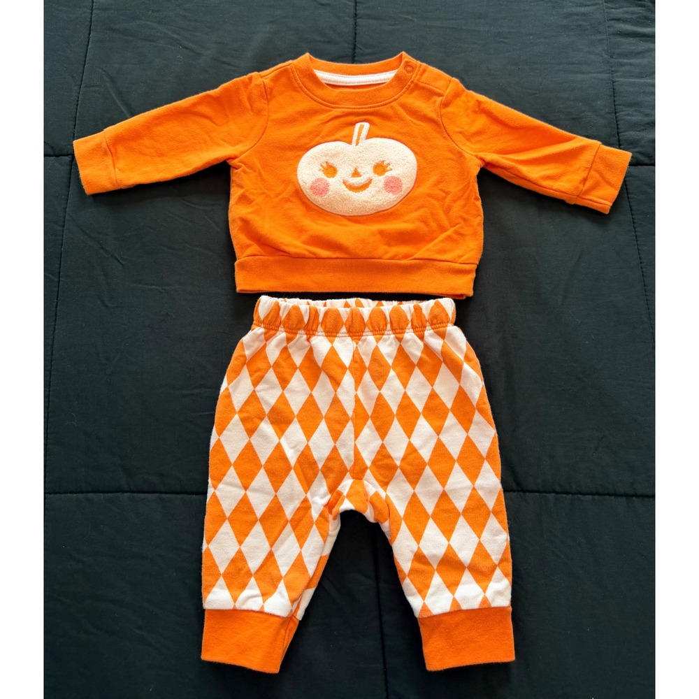 Cat & Jack Baby Pumpkin Sweatshirt & Harlequin Jogger Set Orange 0-3M Halloween